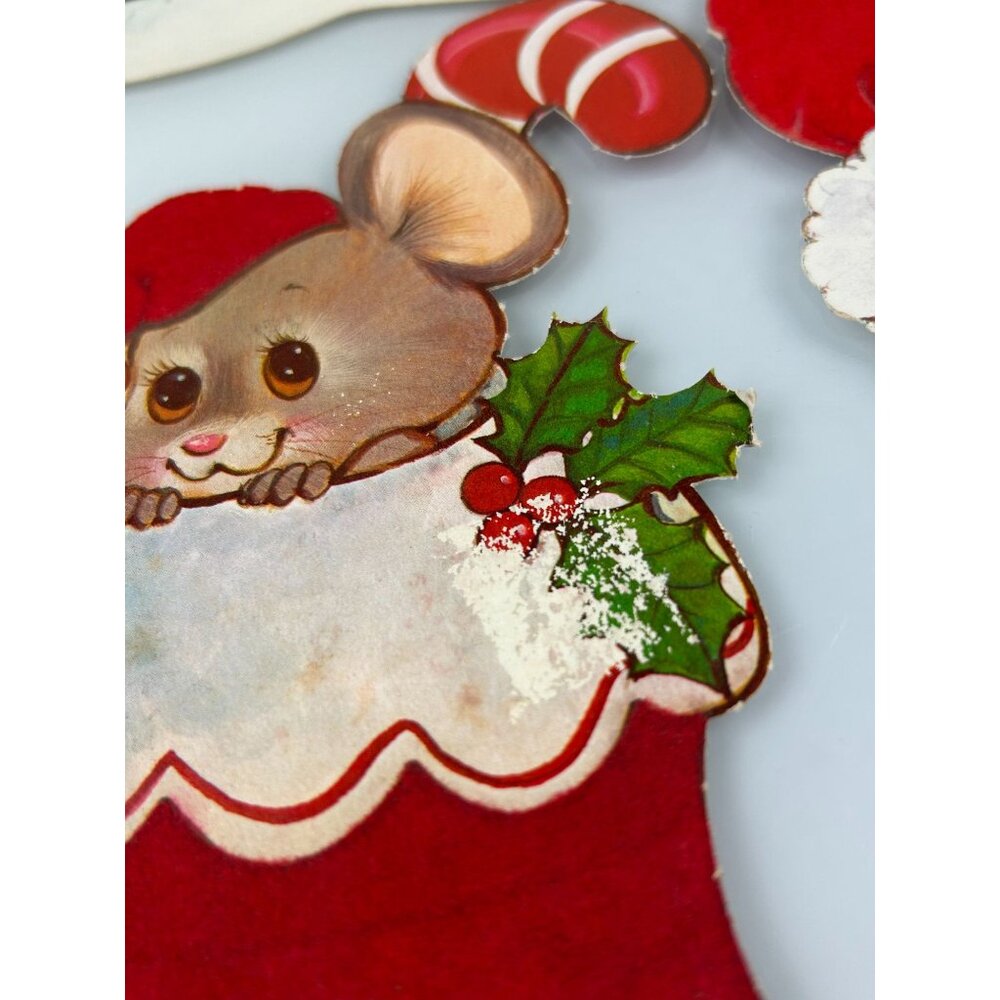 Vintage Christmas Red Velvet Accented Paper Cutout Decoration Mouse Elf Raccoon - Picture 5 of 16